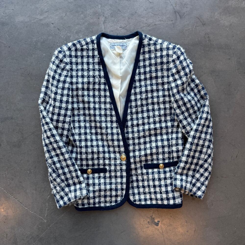 Vintage Y2K Gingham Tweed Norton McNaughton Single Button Navy White Blazer 12